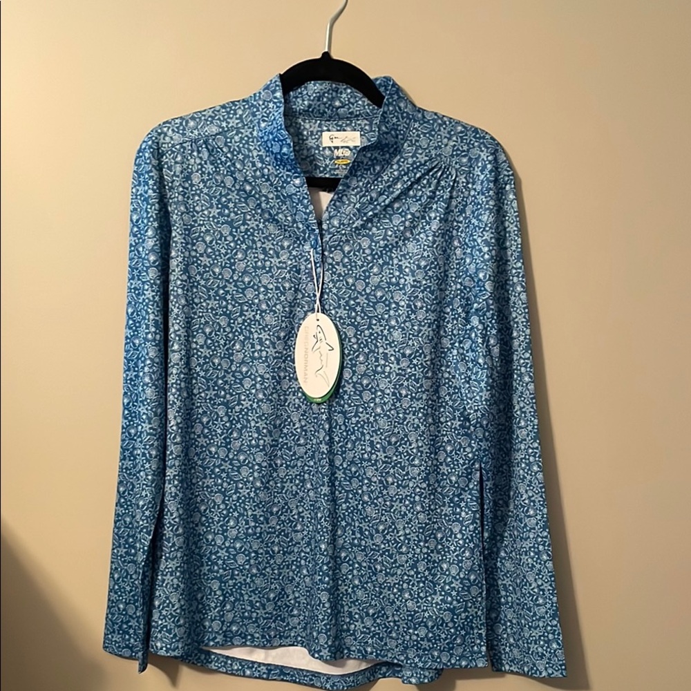 Blue Long Sleeve Golf shirt with seashells